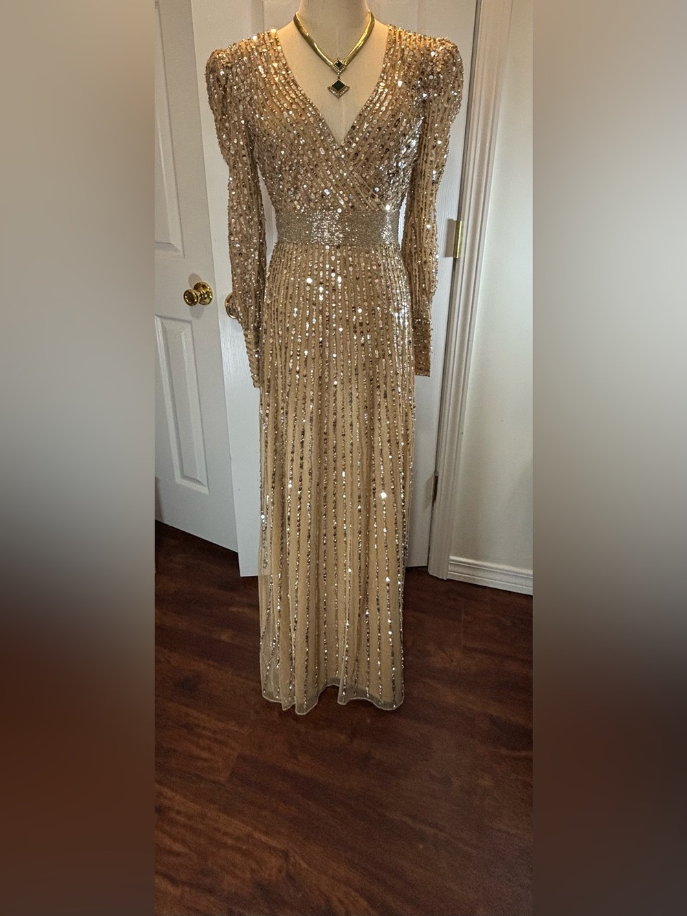 Mac Duggal Sequin Embellished With Cuff Sleeves Gown Vanilla/Silver #5720